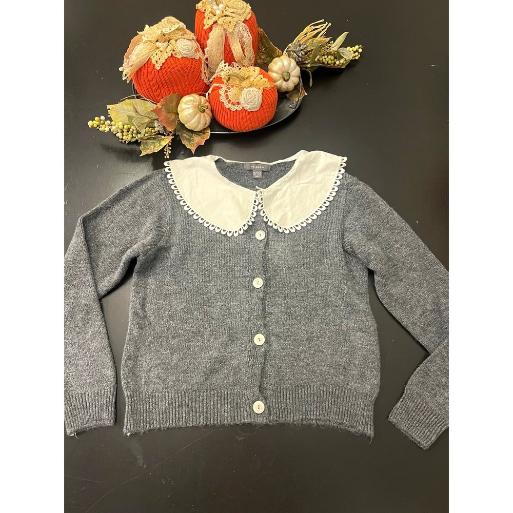 Primark Gray White Vintage Style Eyelet Collar Knit Cardigan Sweater Sz L Pinup